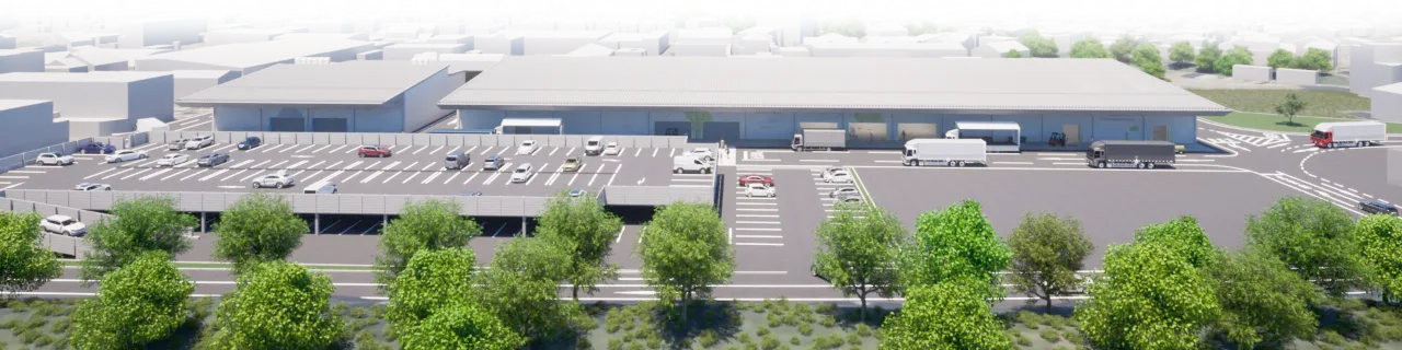 物流施設と駐車場の建築CG鳥瞰パース